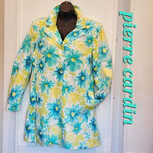 PIERRE CARDIN Blue Yellow Daisy Cotton Trench Jacket, Size 16